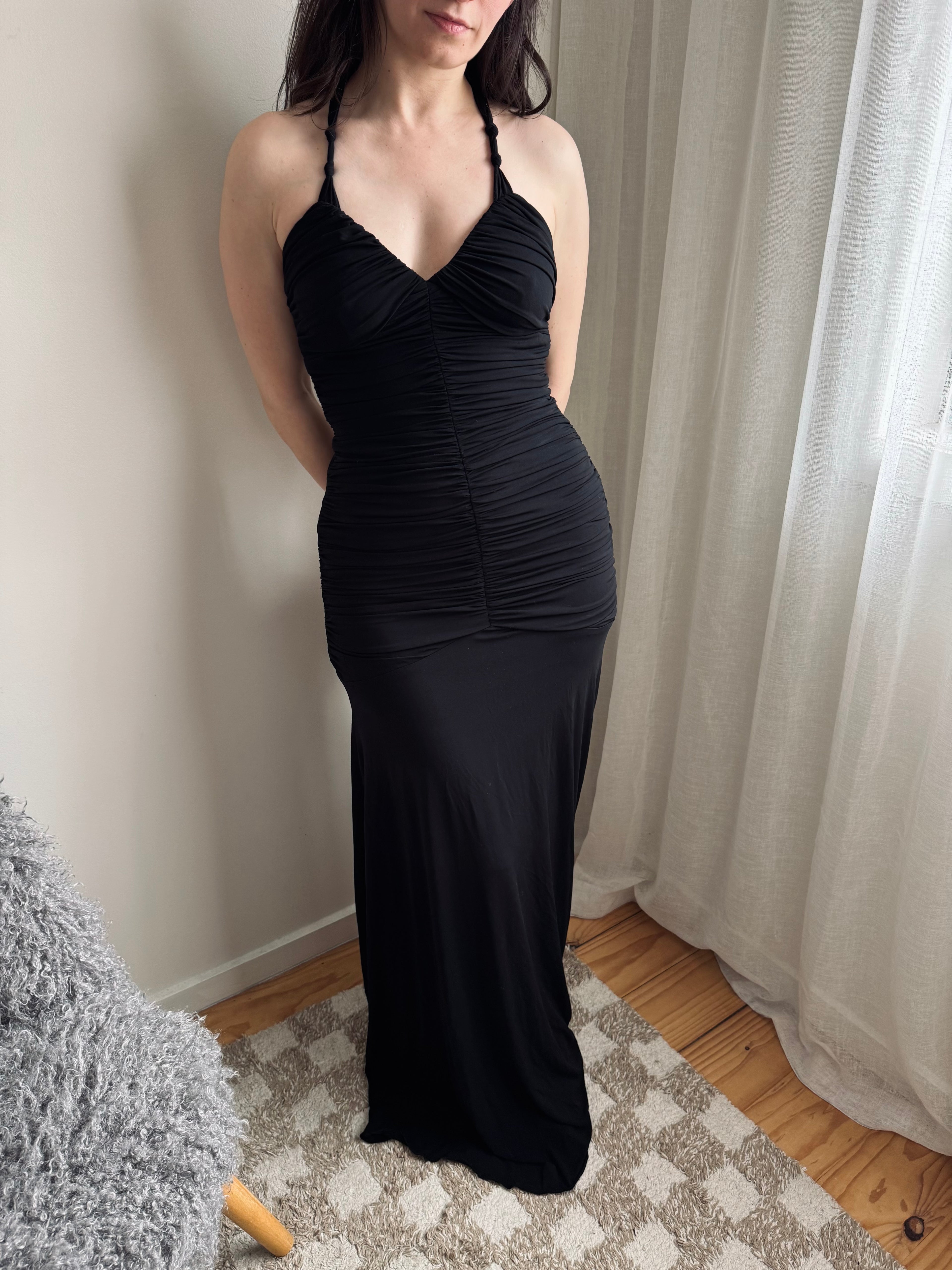 Vintage Shelli Segal noir ruched knot dress