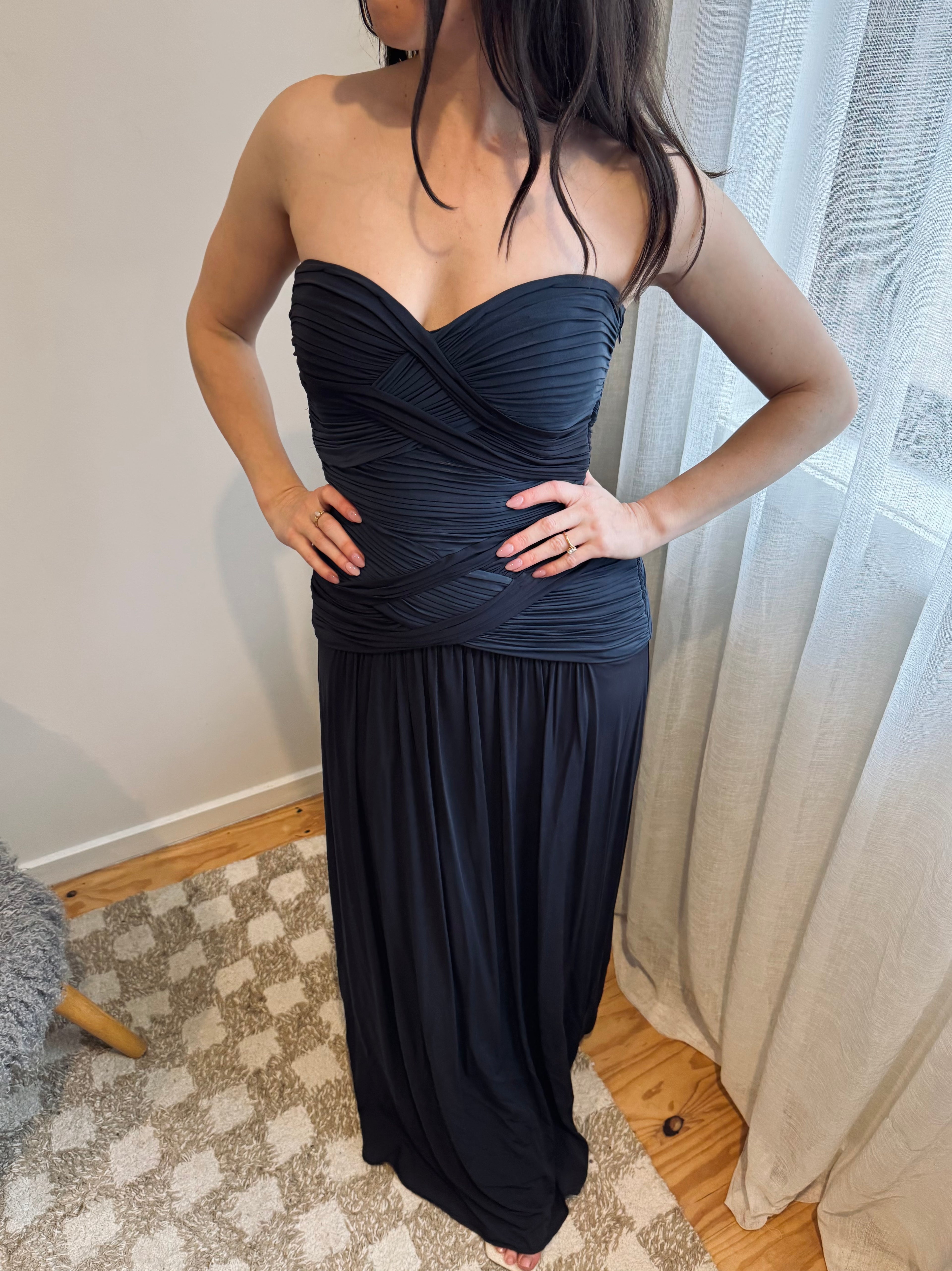Vintage BCBG ruched strapless two-tone maxi dress