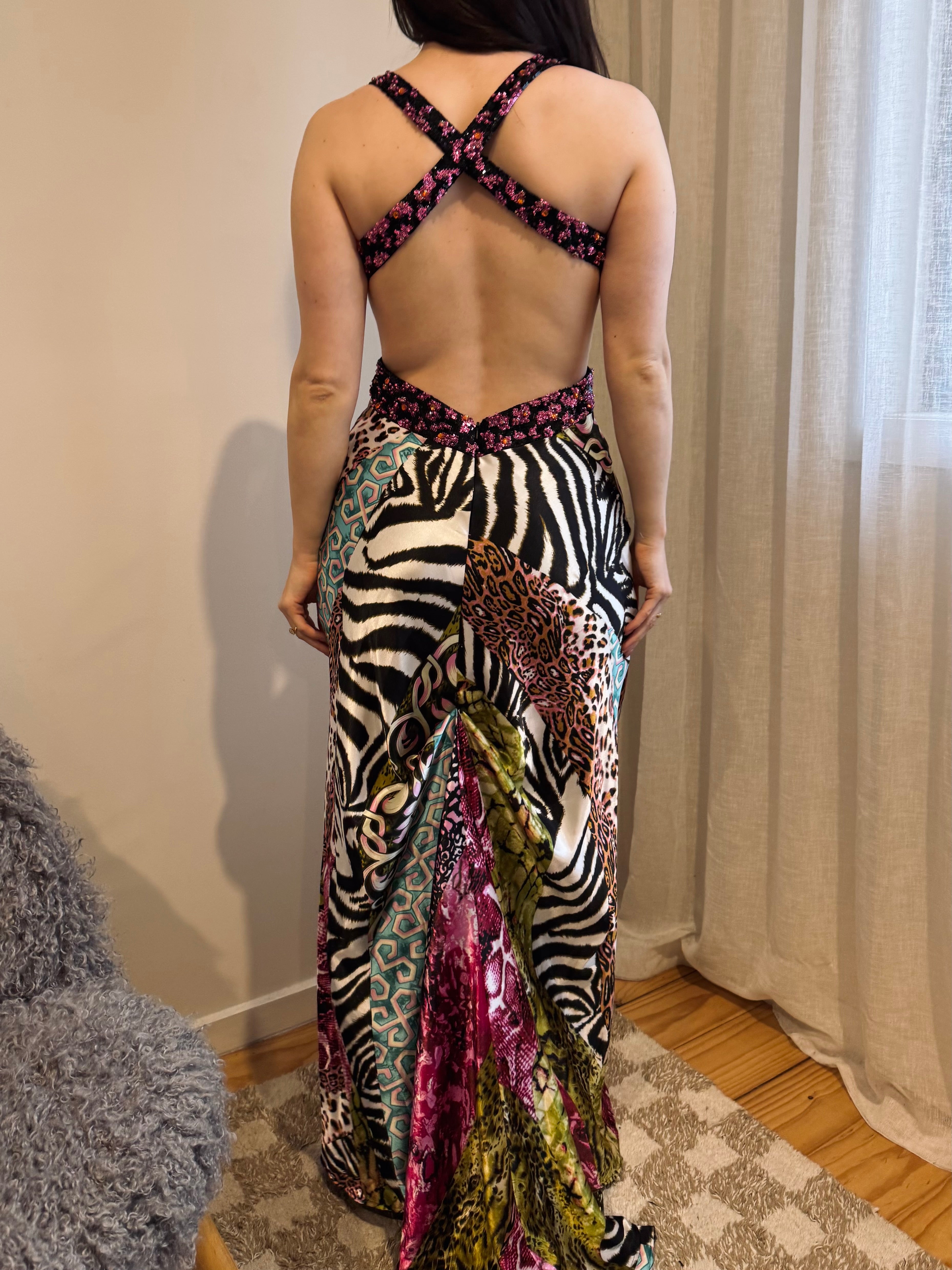 Vintage Mori Lee mixed animal print backless gown