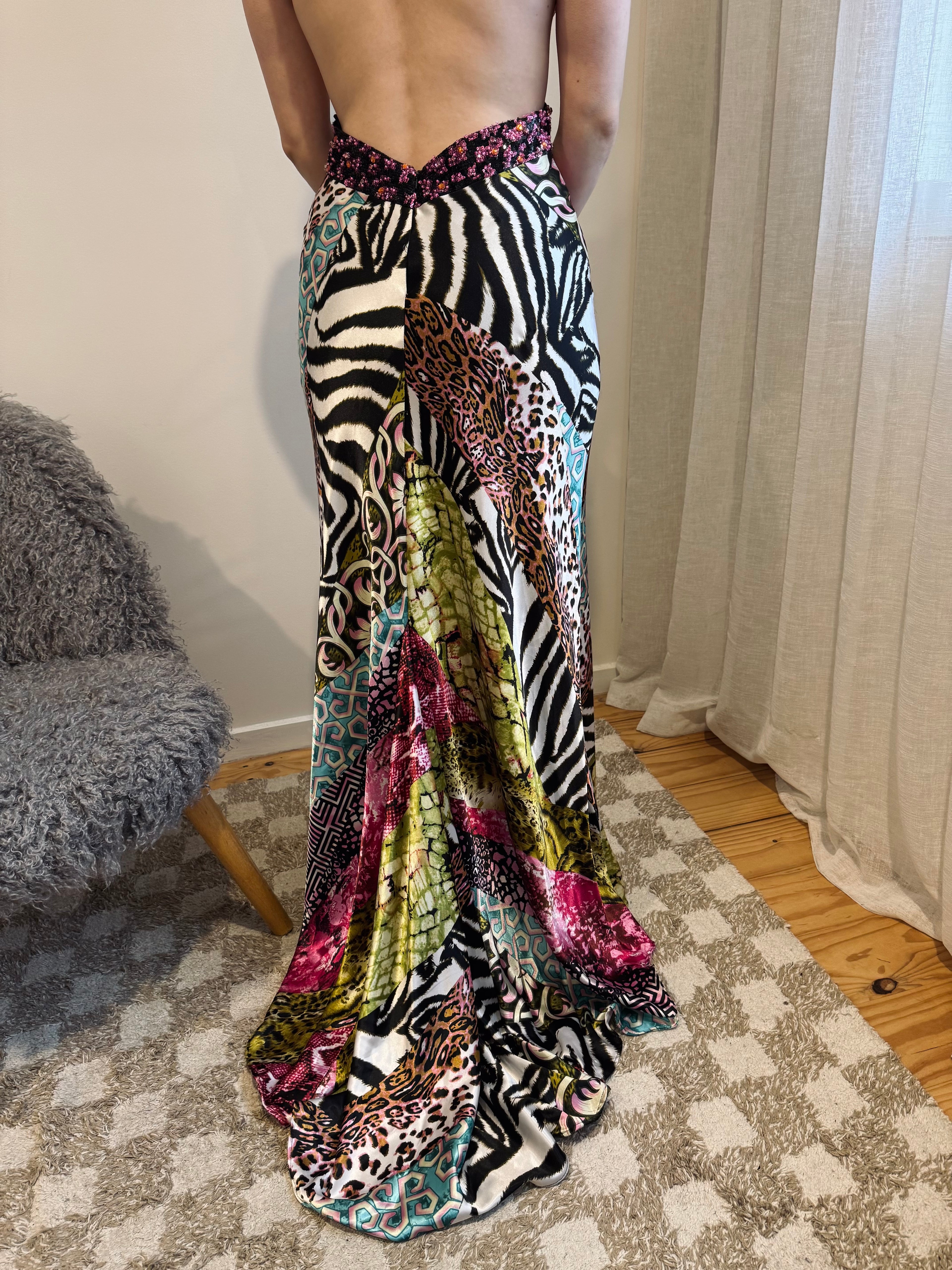 Vintage Mori Lee mixed animal print backless gown