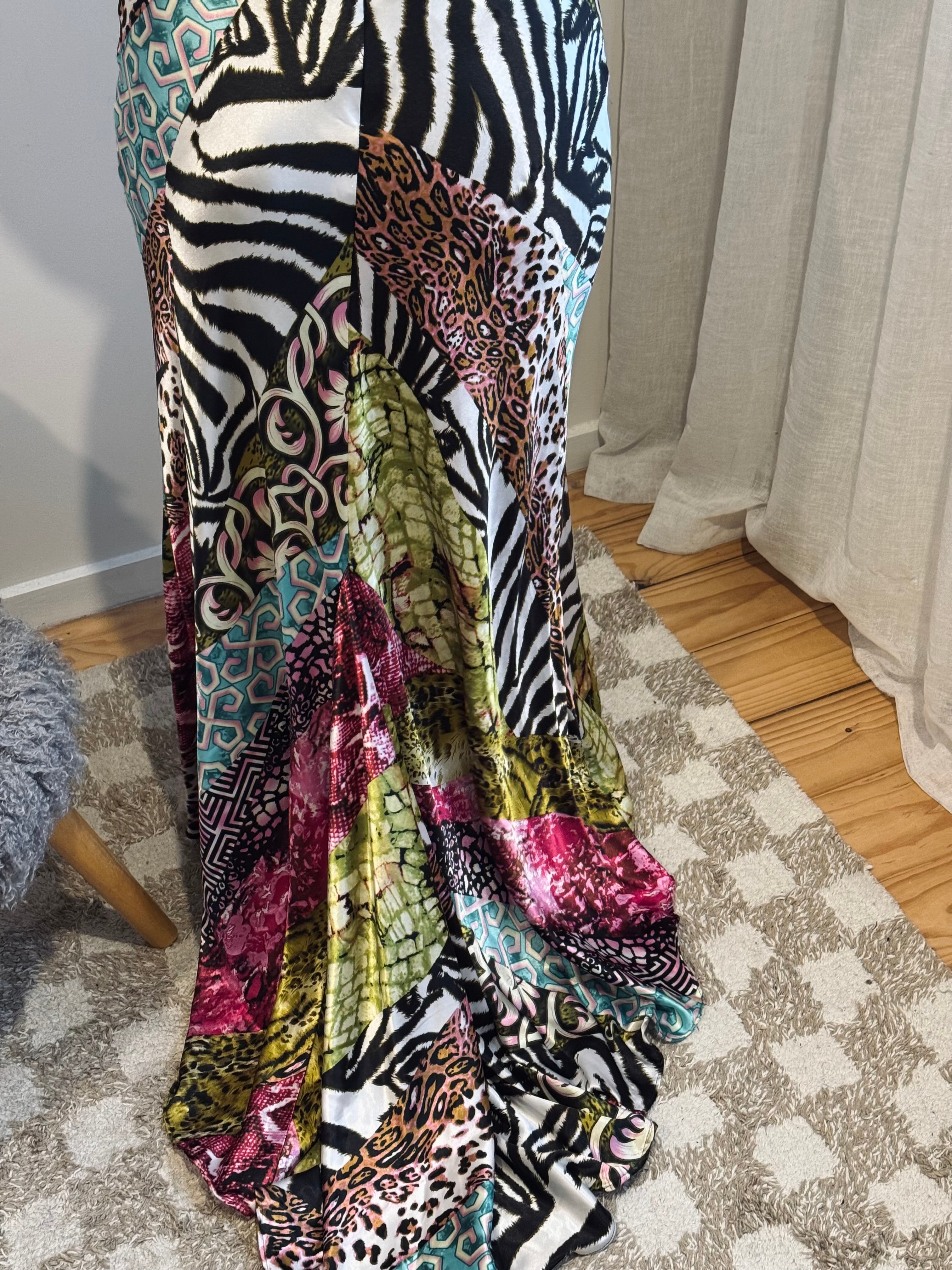 Vintage Mori Lee mixed animal print backless gown
