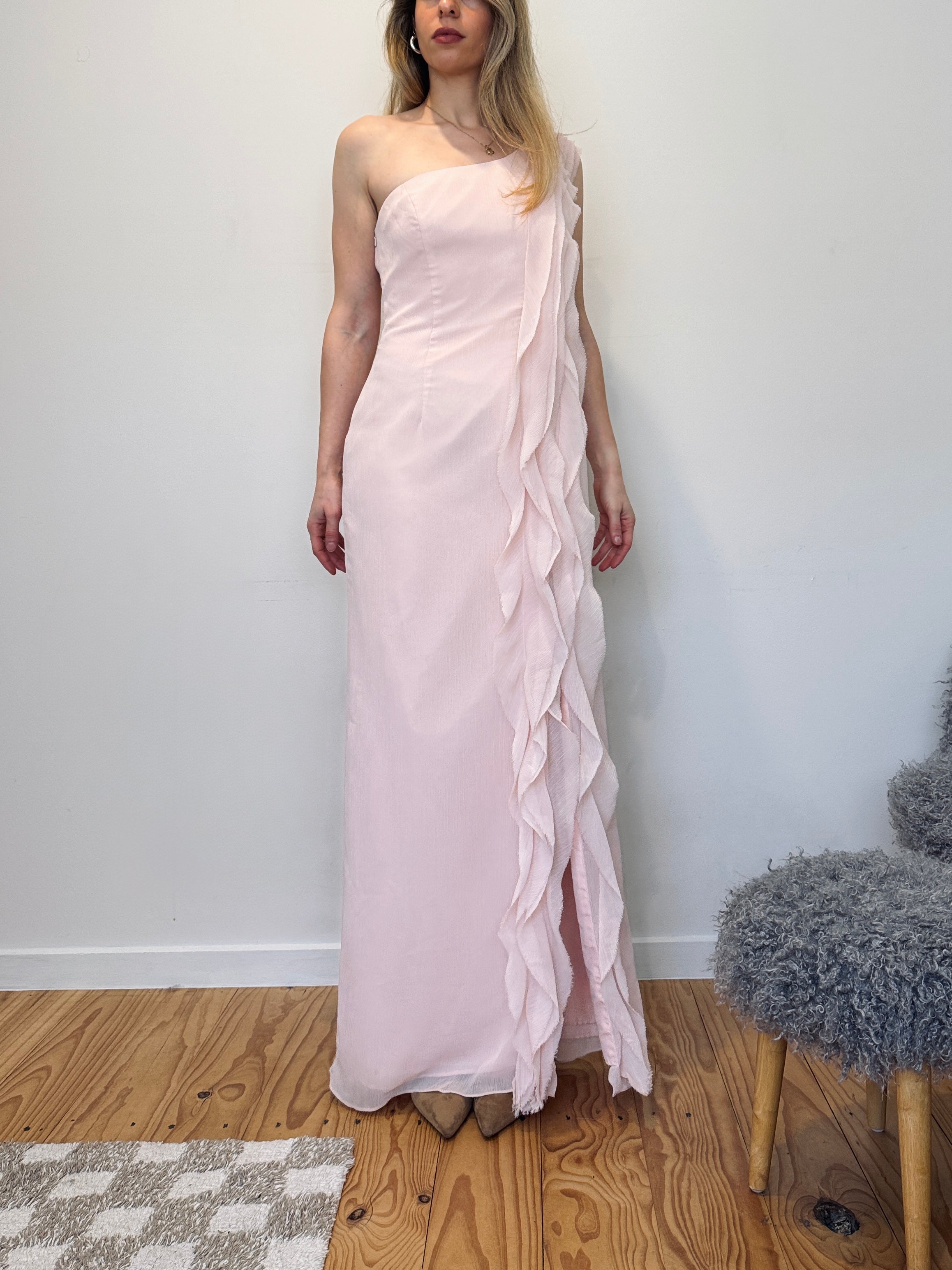 Vintage Vera Wang pink cascading ruffle gown