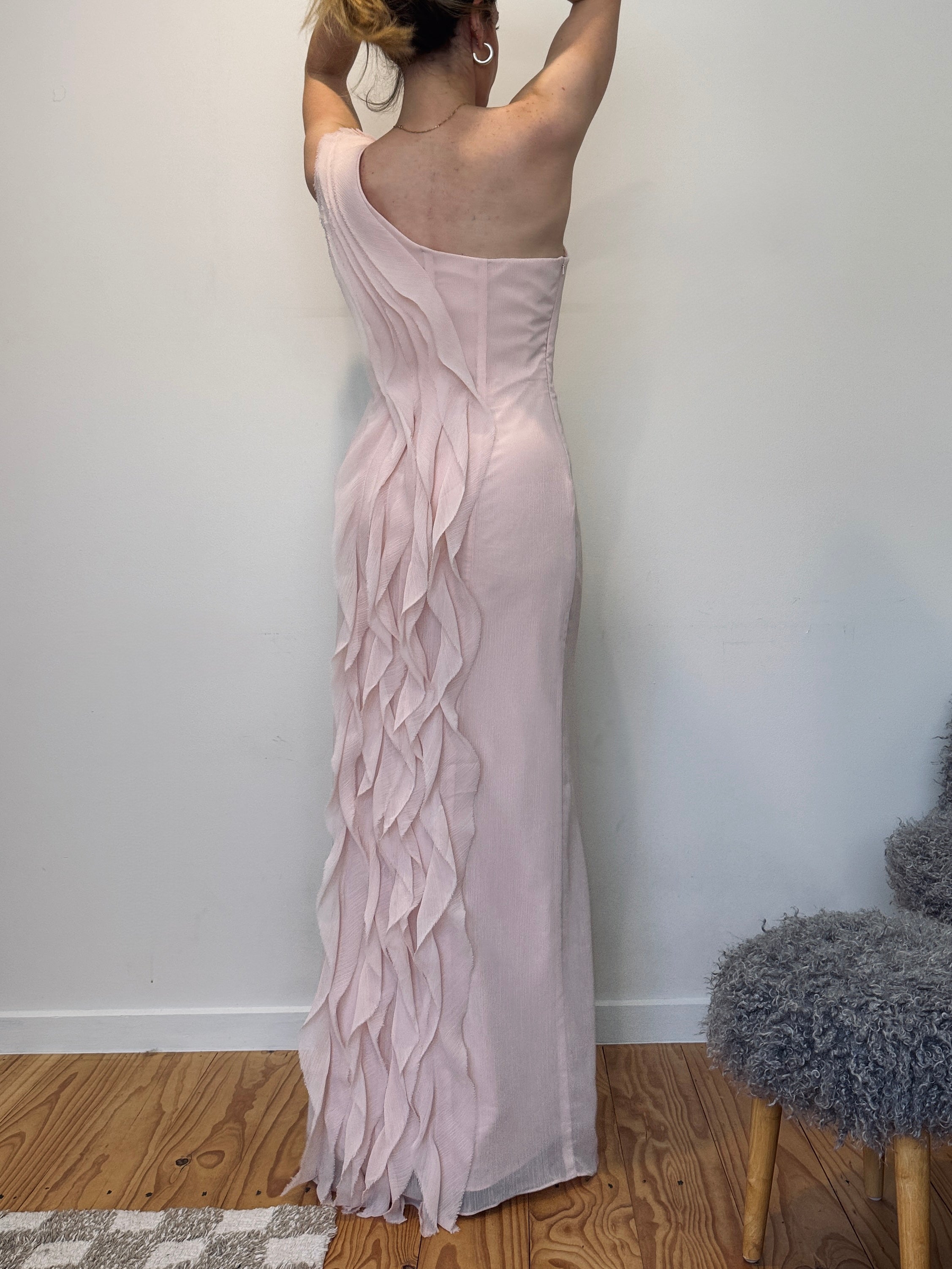 Vintage Vera Wang pink cascading ruffle gown