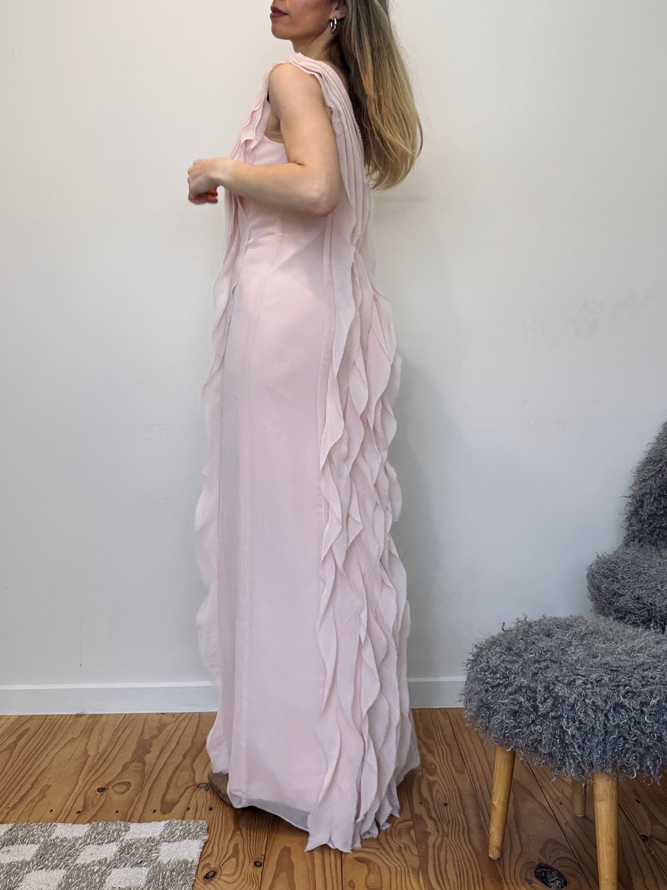 Vintage Vera Wang pink cascading ruffle gown