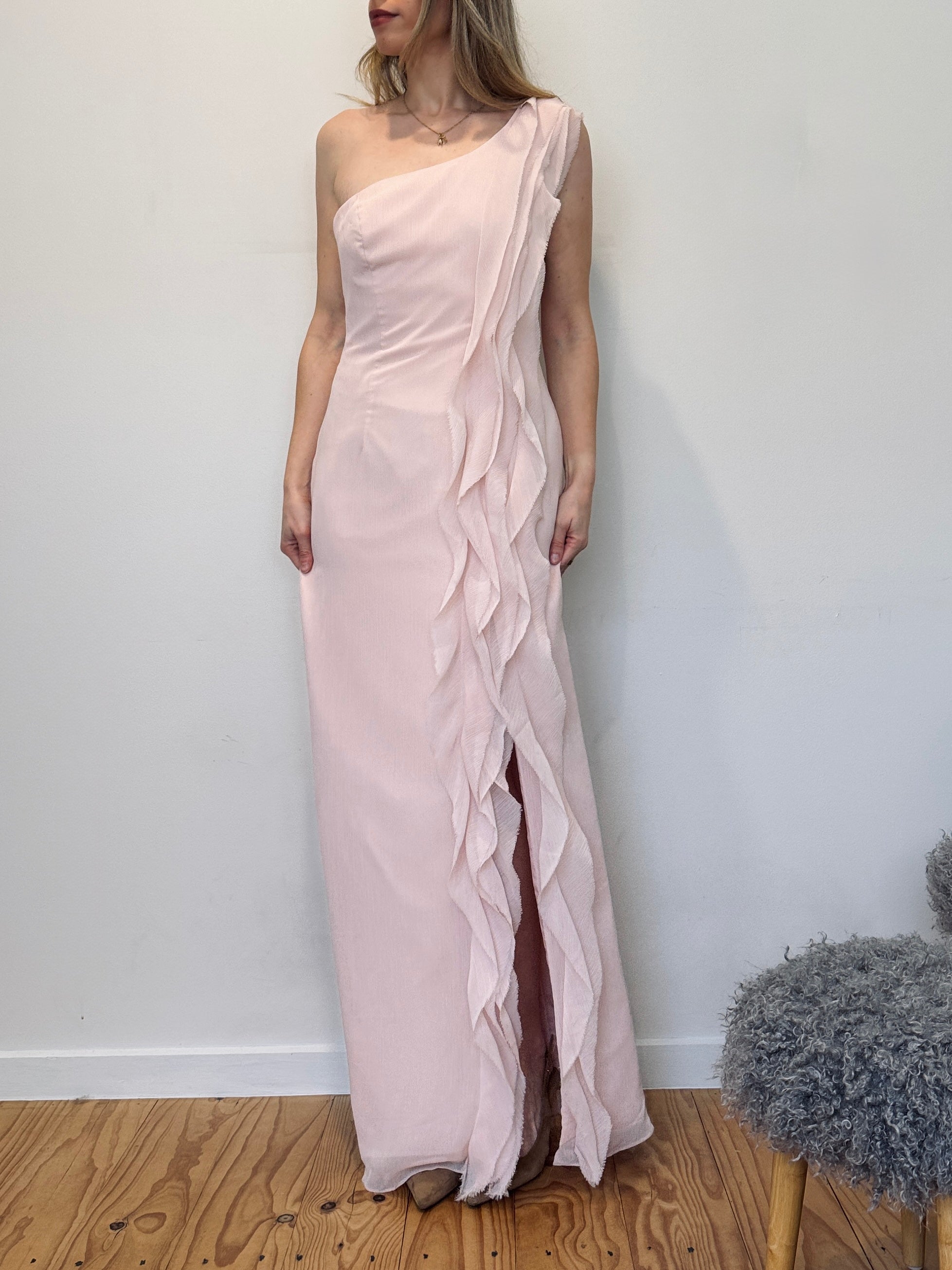 Vintage Vera Wang pink cascading ruffle gown