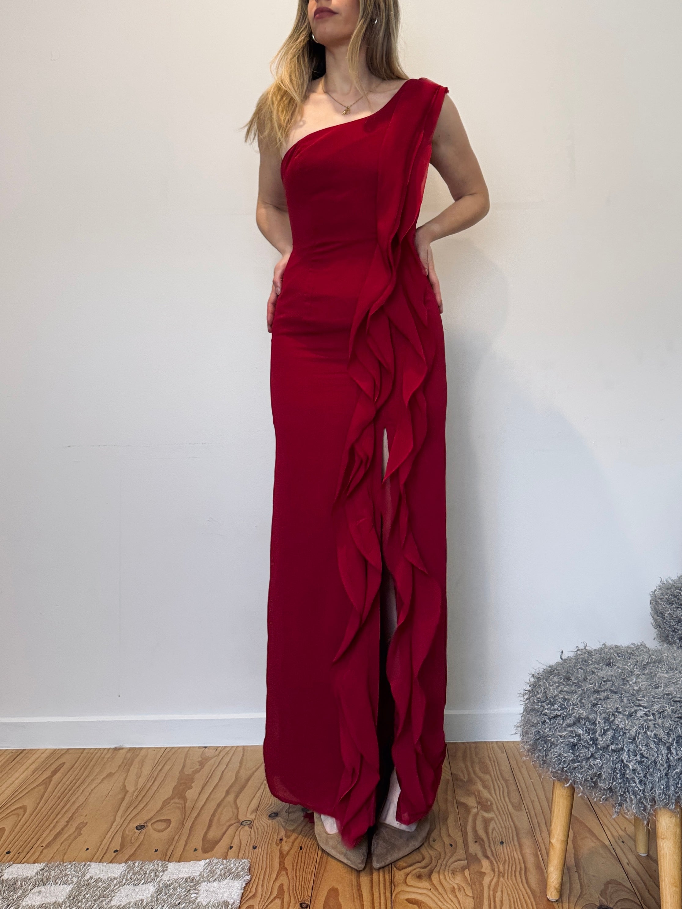 Vintage Vera Wang red cascading ruffle gown