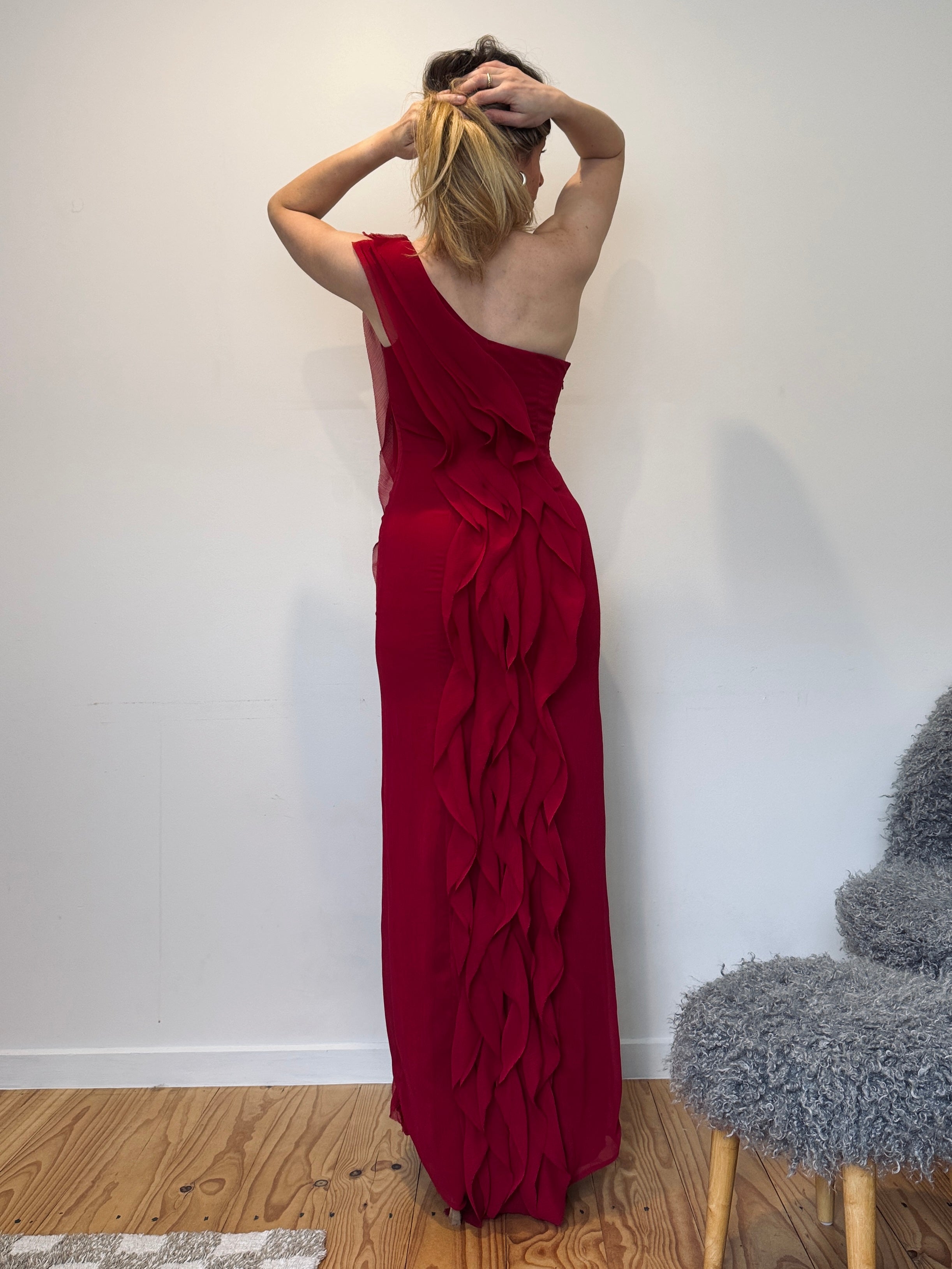 Vintage Vera Wang red cascading ruffle gown