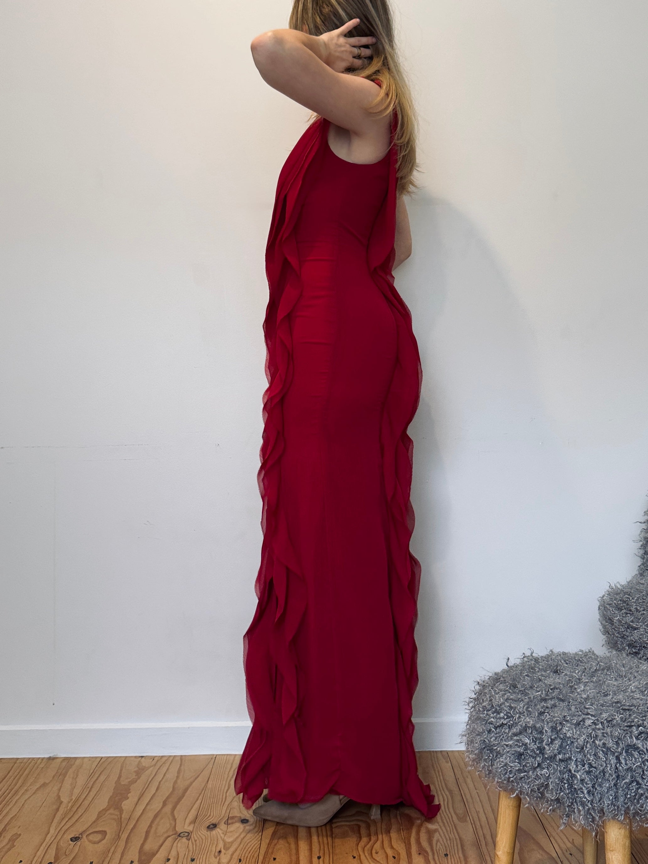 Vintage Vera Wang red cascading ruffle gown