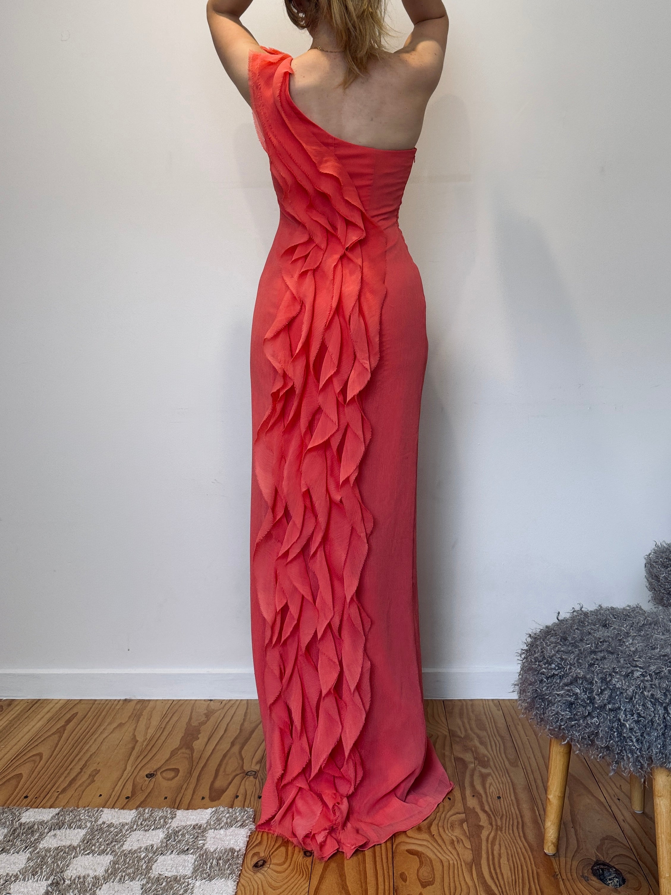 Vintage Vera Wang coral cascading ruffle gown