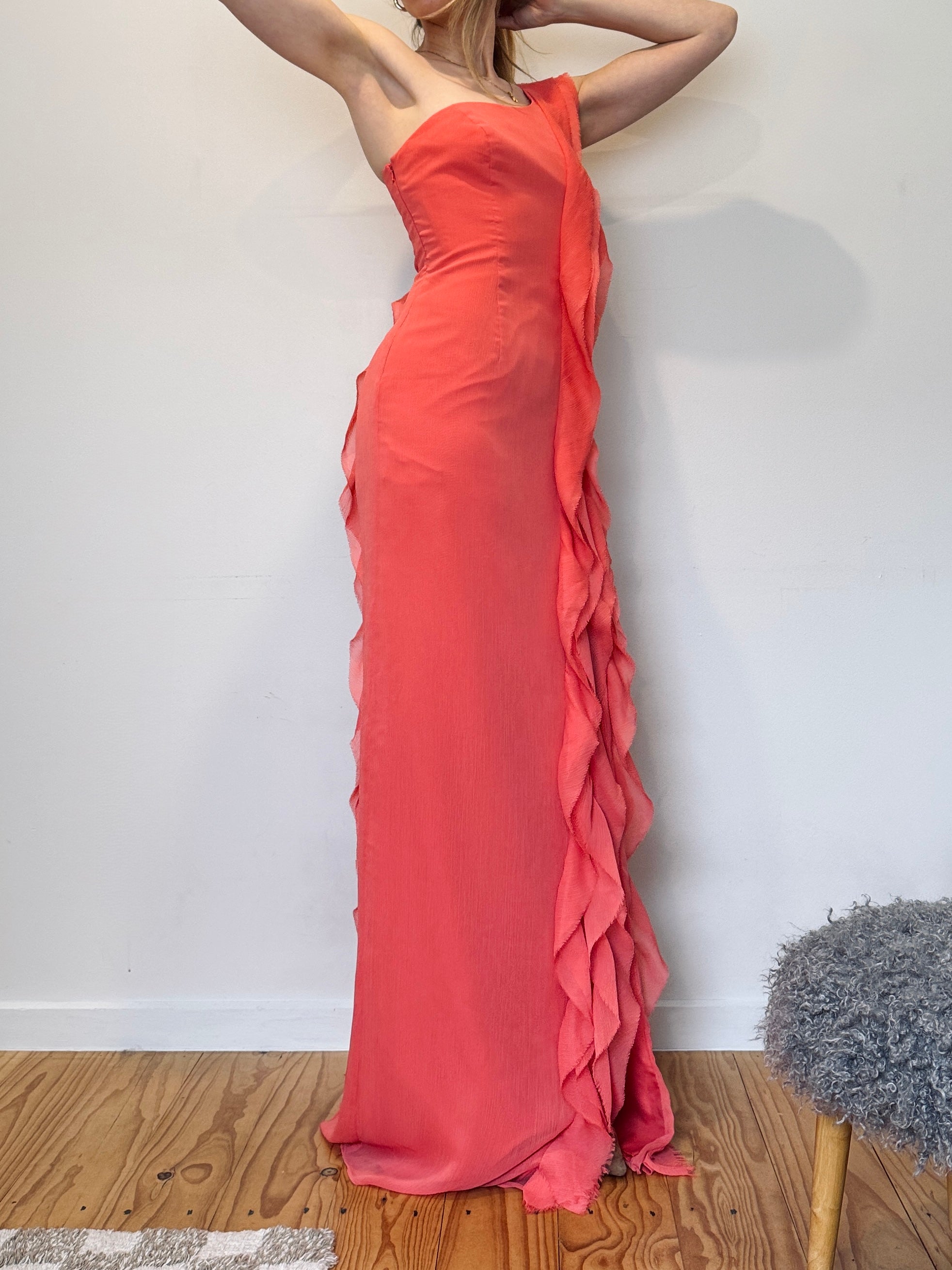 Vintage Vera Wang coral cascading ruffle gown