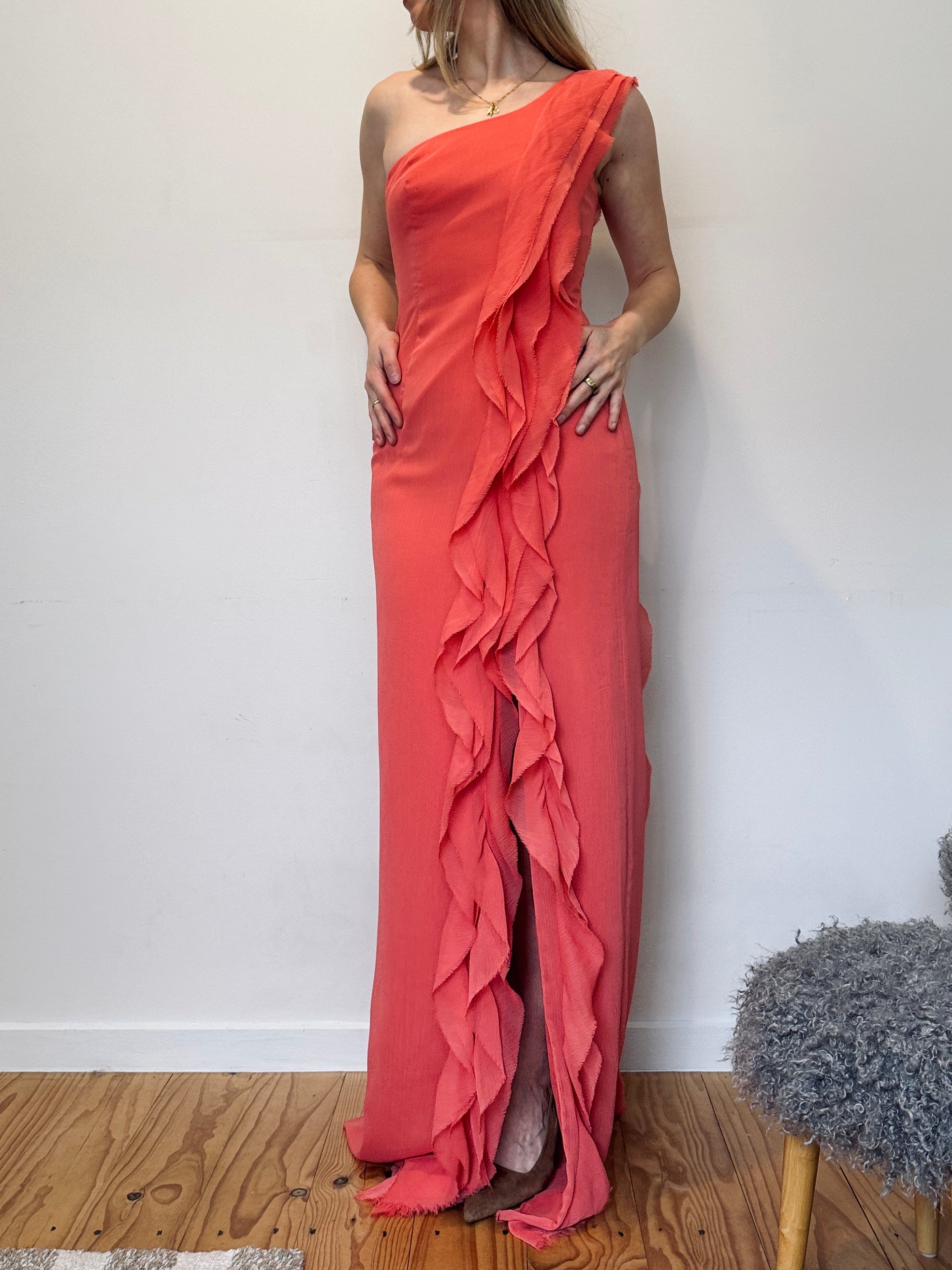 Vintage Vera Wang coral cascading ruffle gown