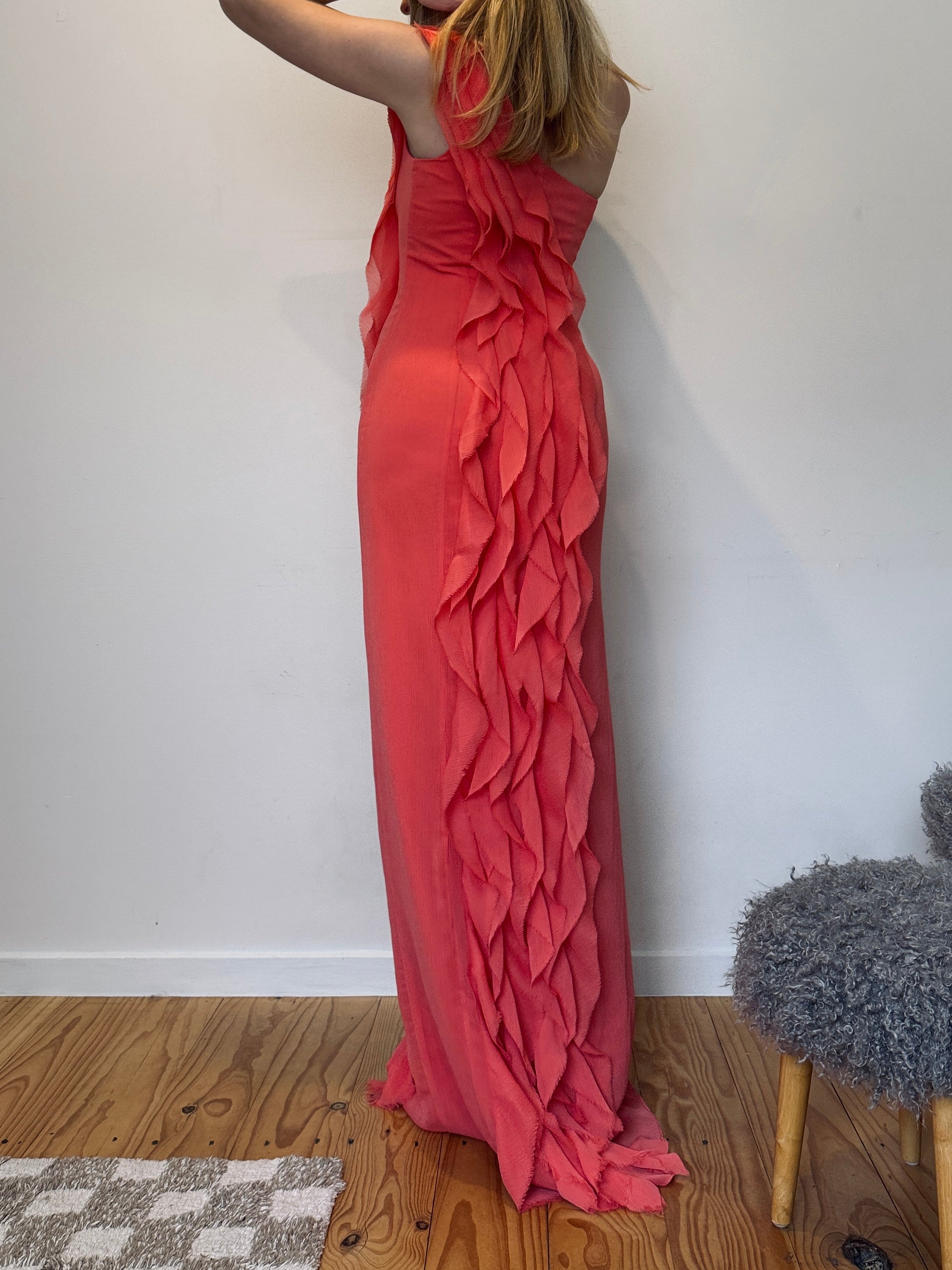 Vintage Vera Wang coral cascading ruffle gown