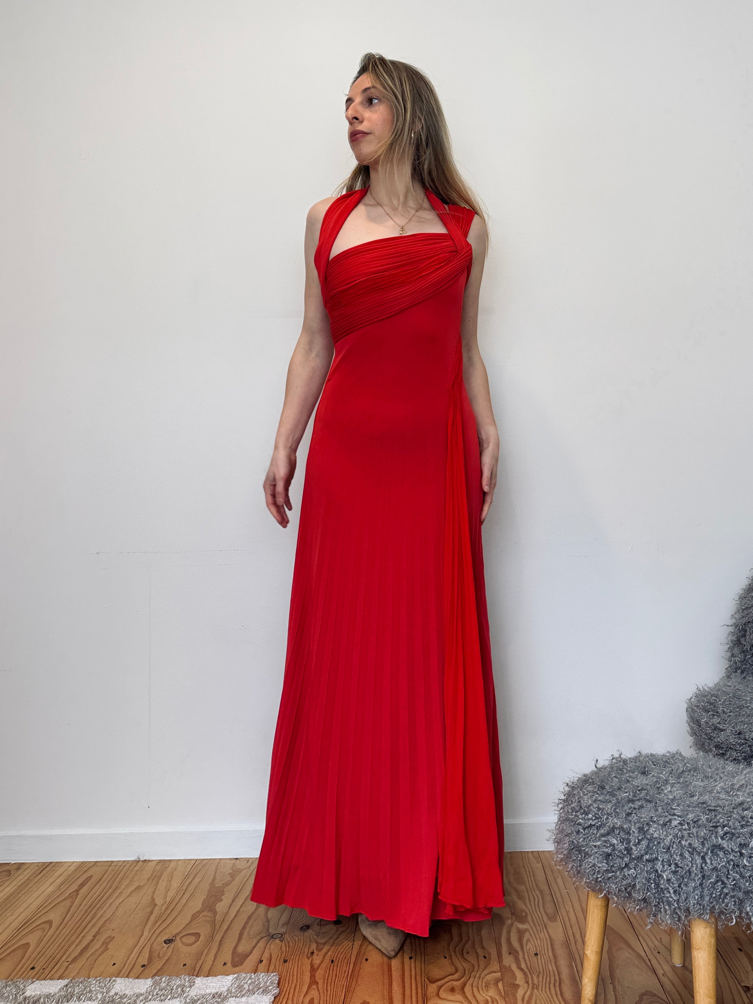 Vintage crimson pleated evening gown with versatile neckline