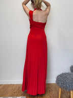 Vintage crimson pleated evening gown with versatile neckline