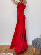 Vintage crimson pleated evening gown with versatile neckline
