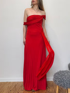 Vintage crimson pleated evening gown with versatile neckline