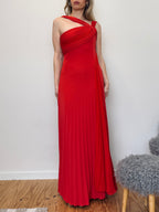 Vintage crimson pleated evening gown with versatile neckline