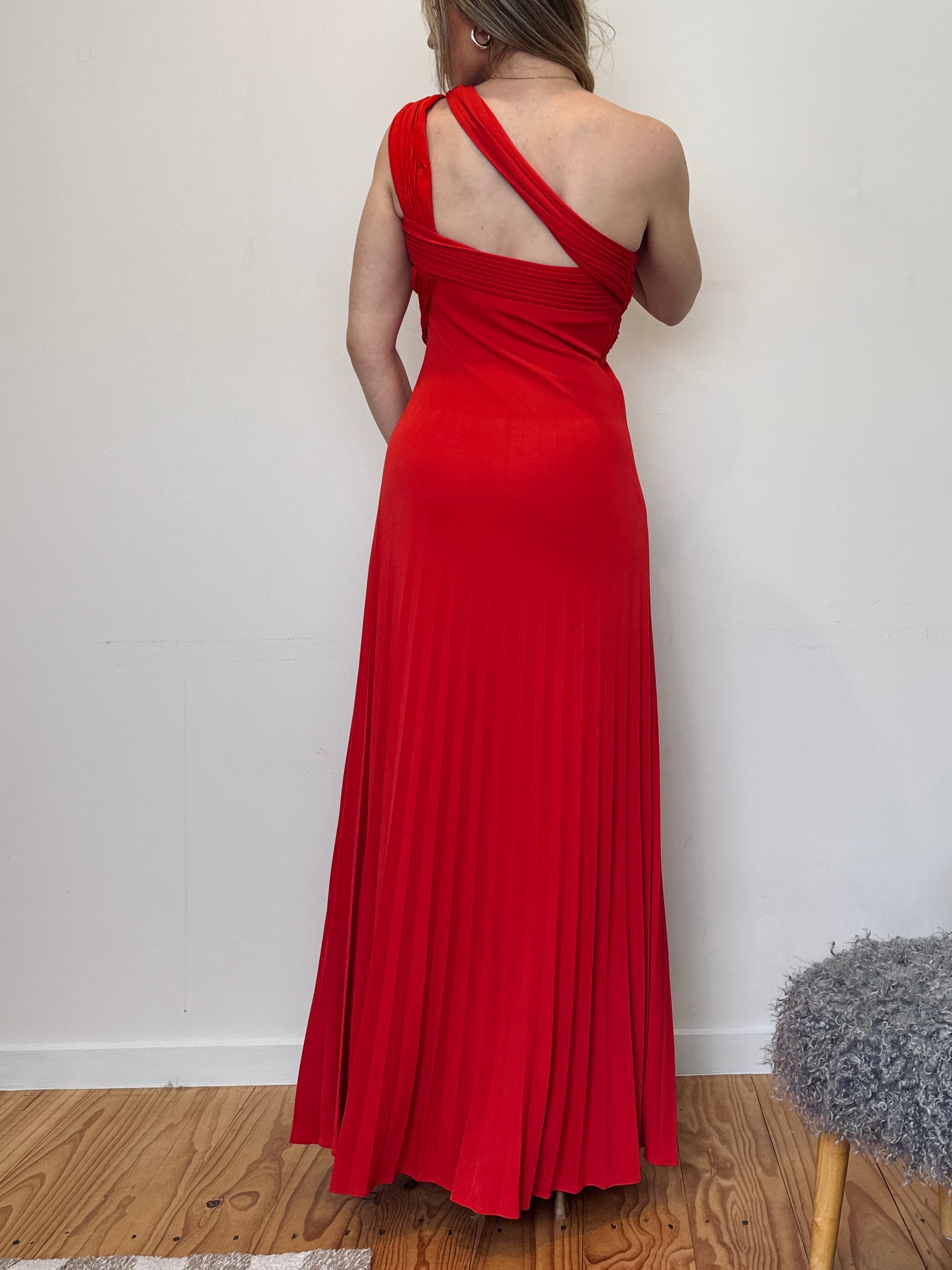Vintage crimson pleated evening gown with versatile neckline