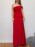 Vintage crimson pleated evening gown with versatile neckline