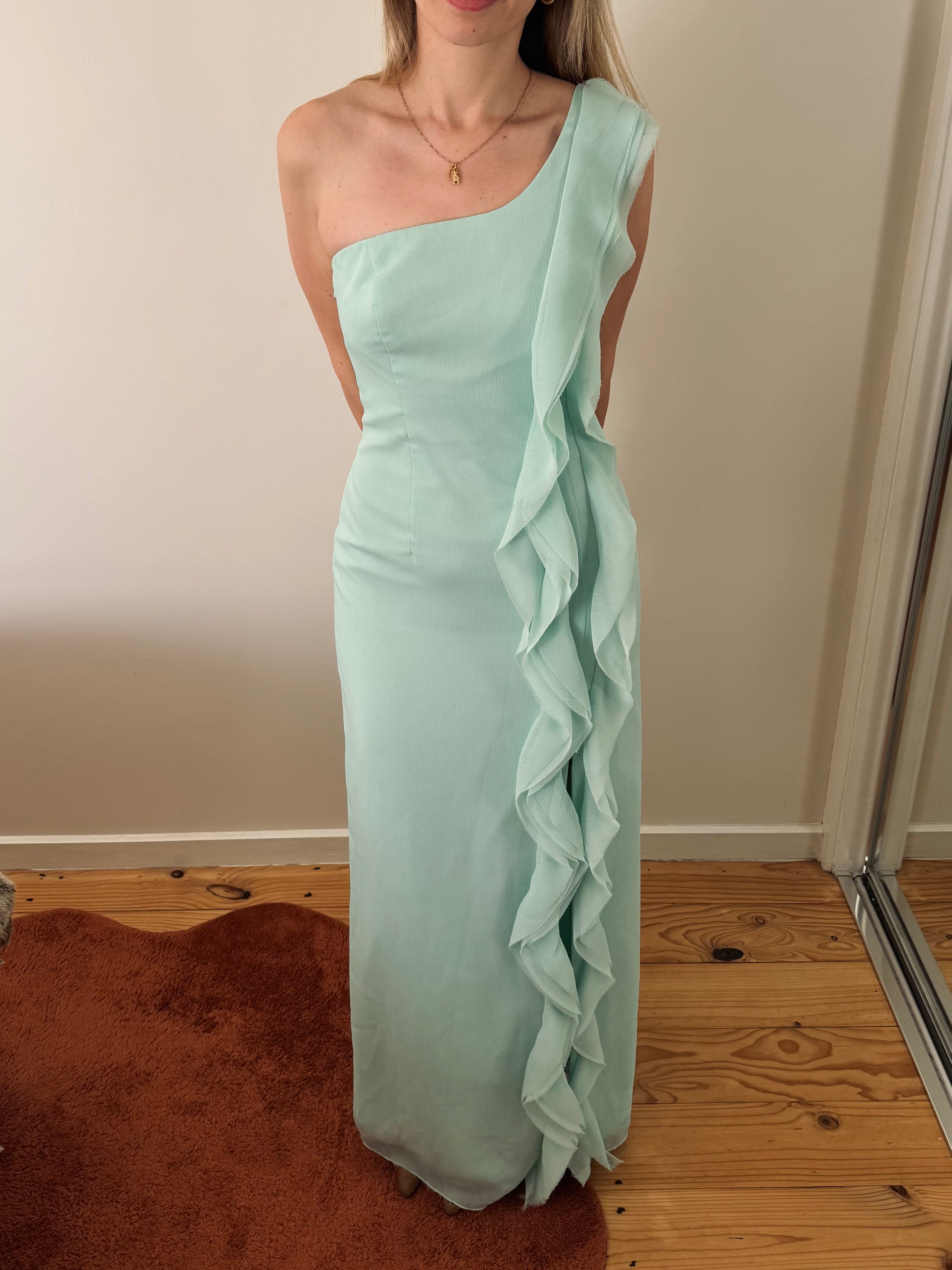 Vintage Vera Wang seafoam cascading ruffle gown