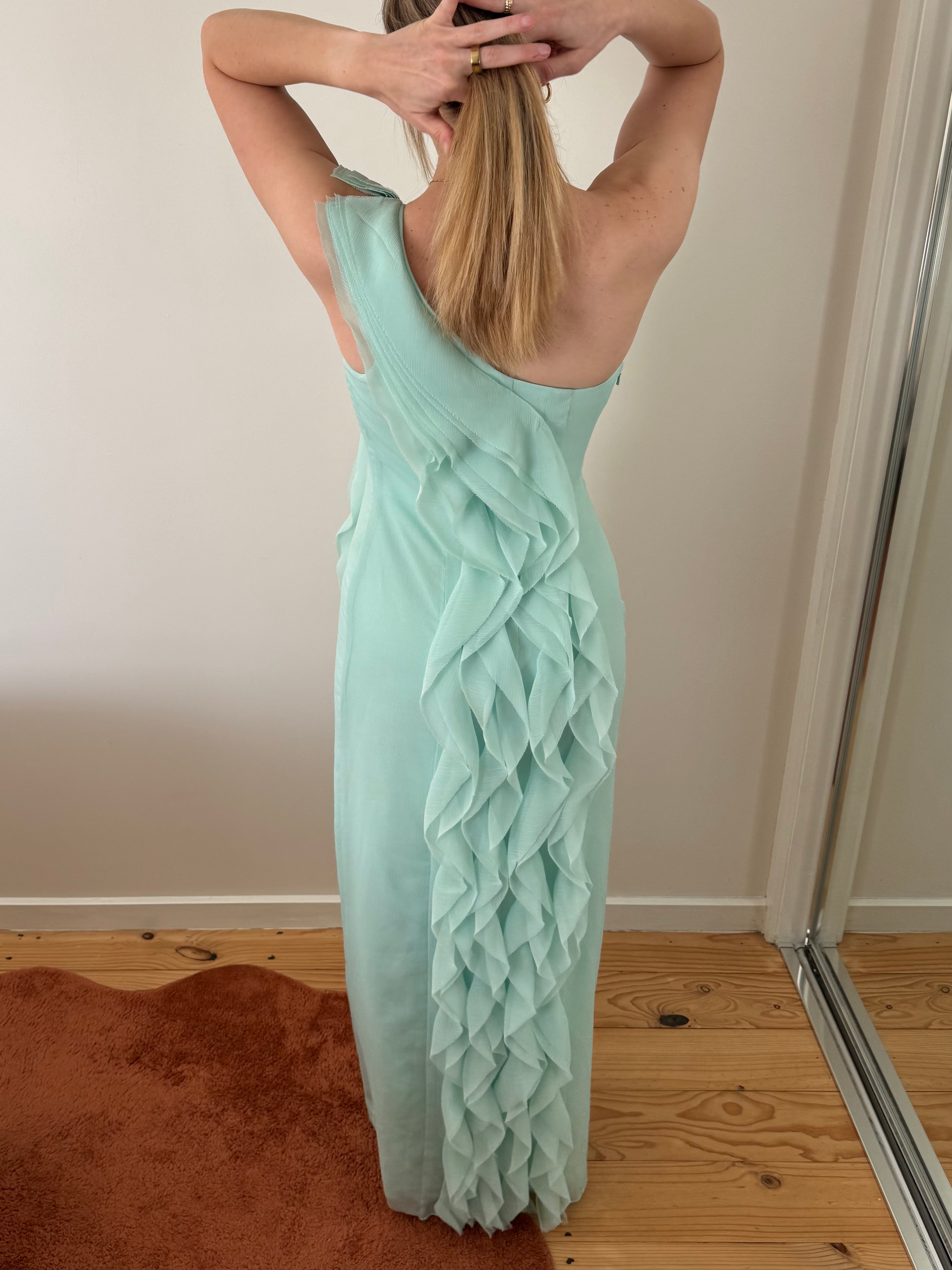 Vintage Vera Wang seafoam cascading ruffle gown