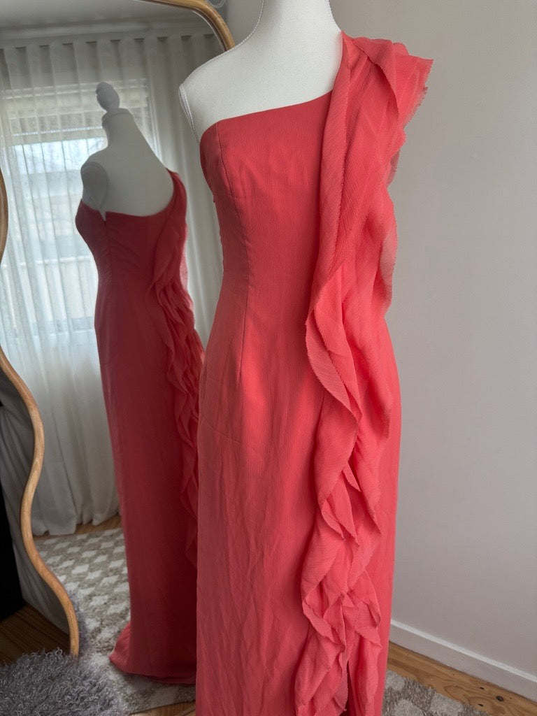 Vintage Vera Wang coral cascading ruffle gown